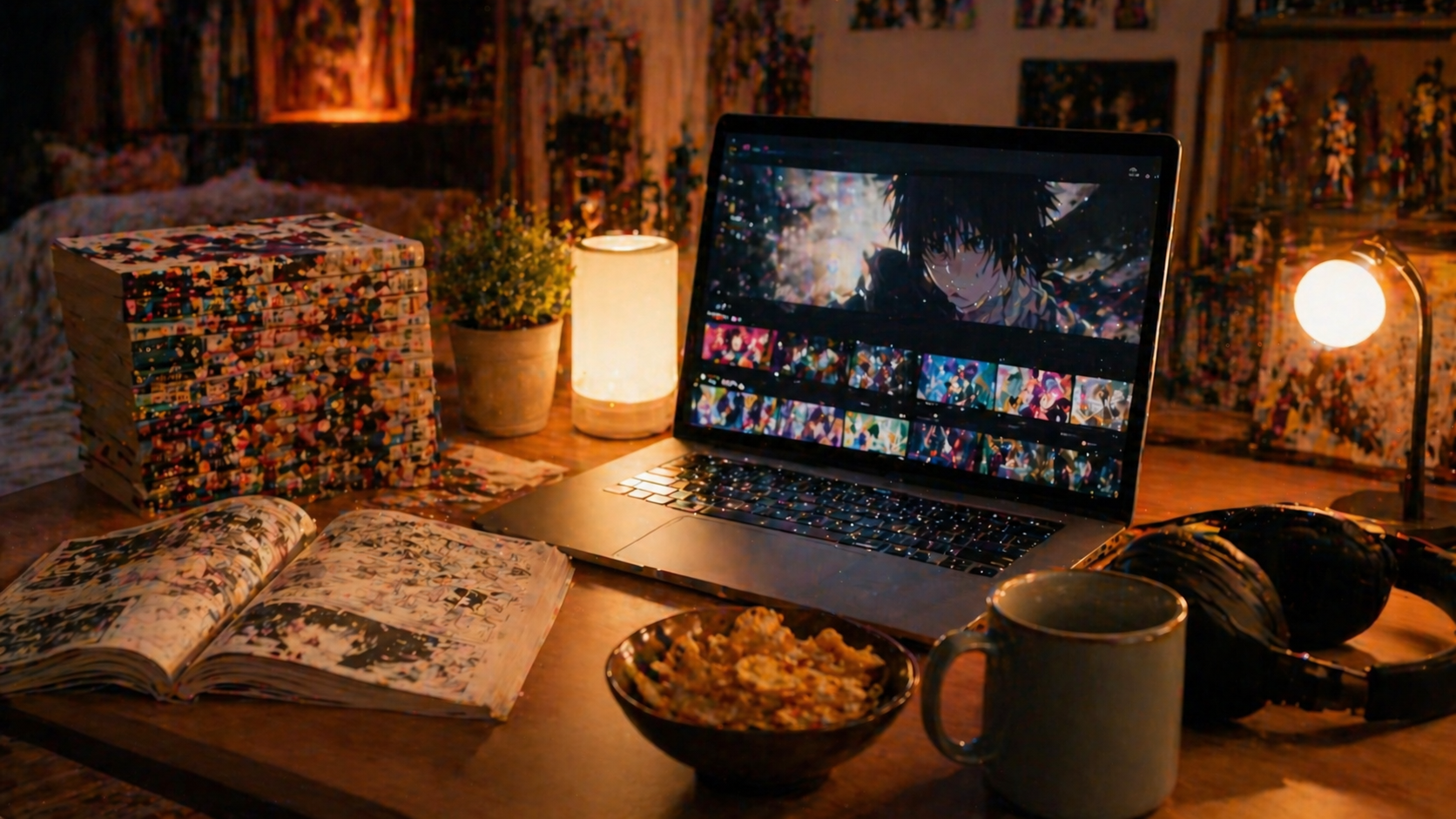 Stack of manga volumes and an open laptop with anime streaming UI on a cozy desk in warm bedroom lighting