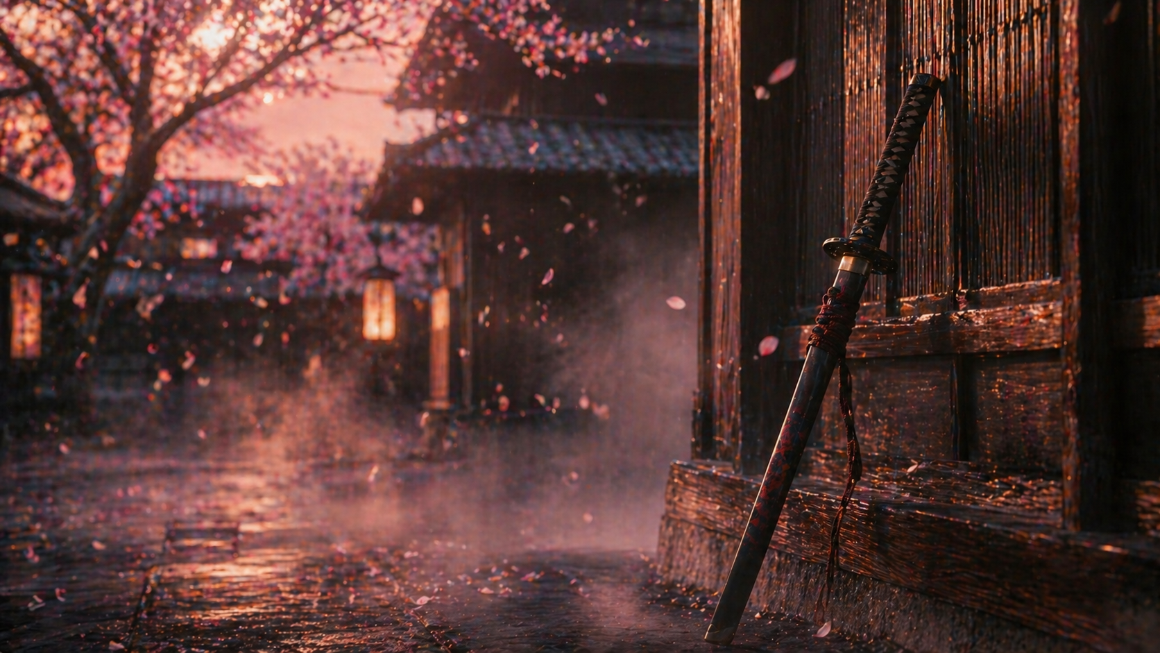 Katana sword resting against a Taisho-era wooden Japanese wall with cherry blossoms and mist at twilight