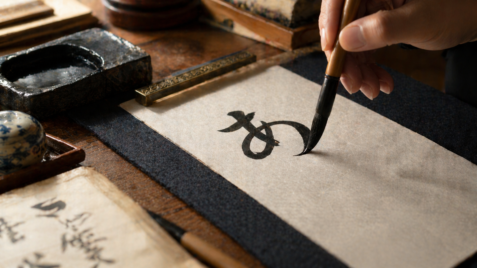 Calligraphy brush writing a hiragana character on rice paper with traditional Japanese ink stone