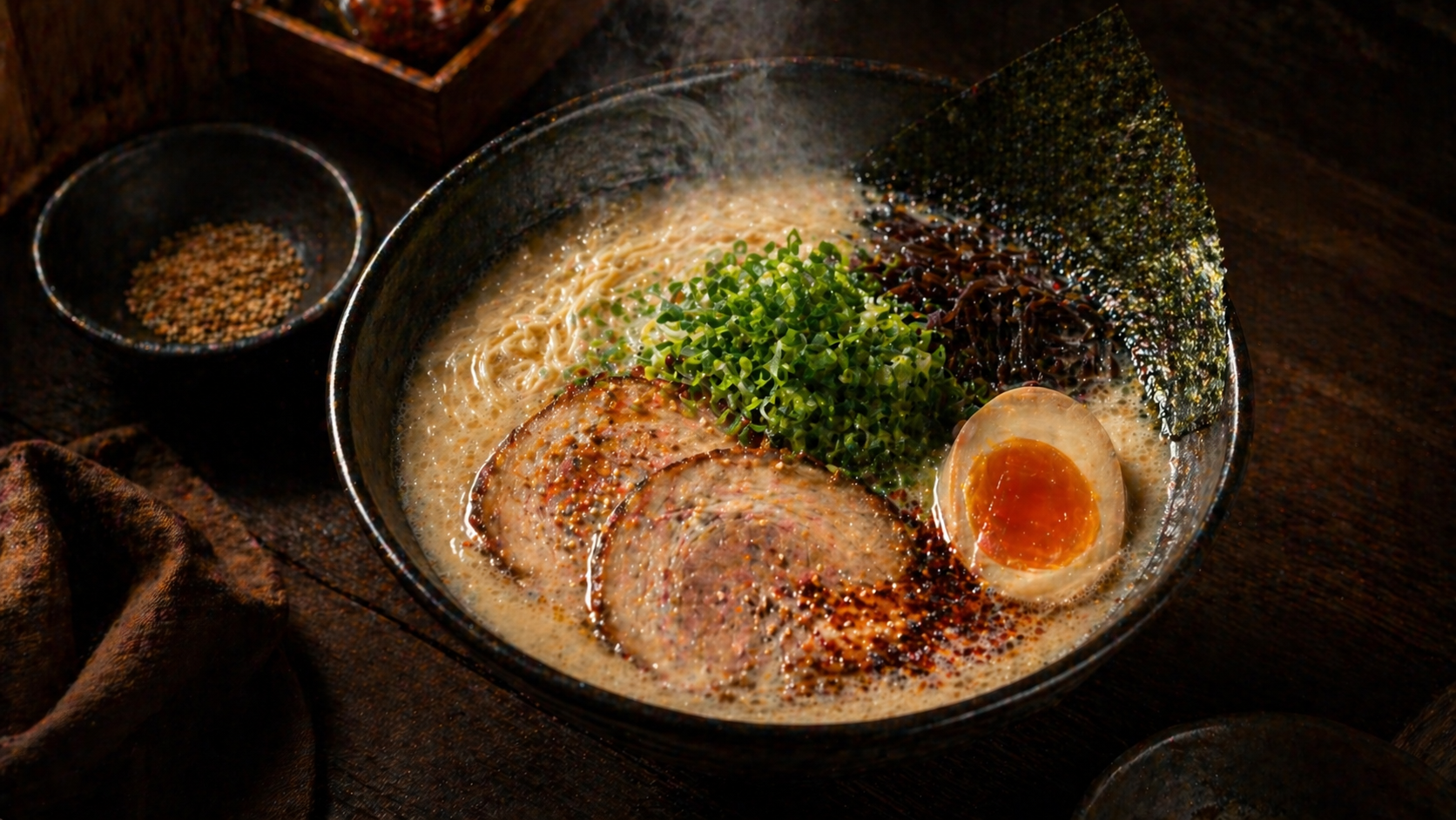 Steaming bowl of tonkotsu ramen with chashu, ajitsuke tamago, scallions, and nori in dark moody lighting