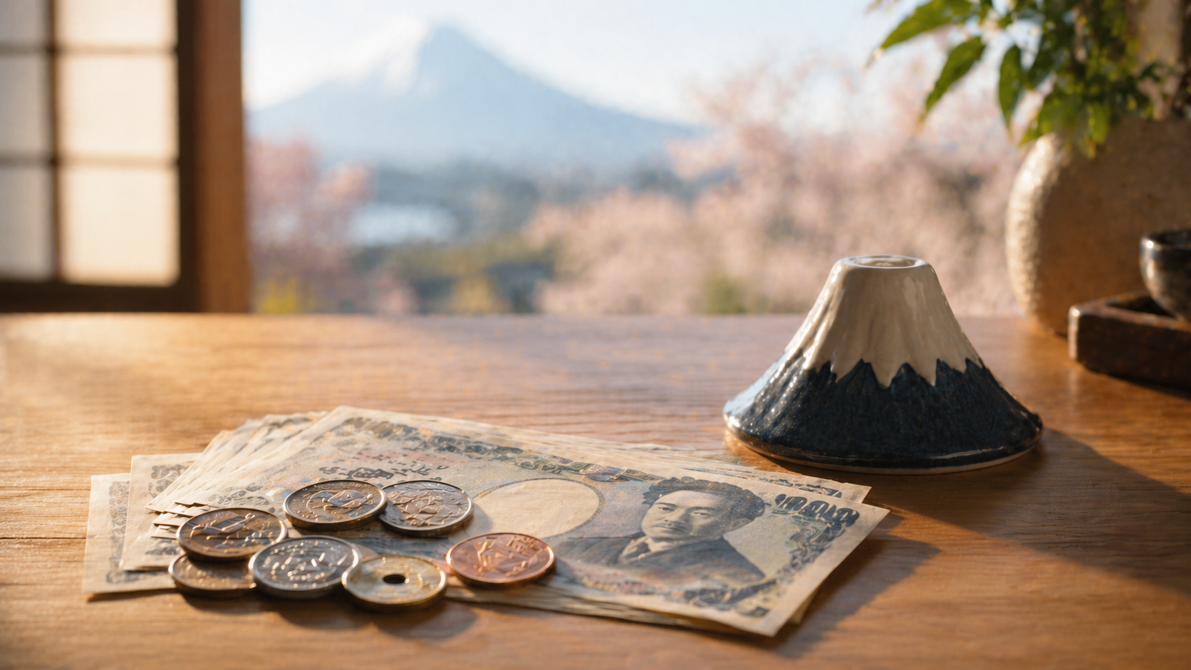 Japanese yen banknotes and coins beside a Mt. Fuji ceramic figure on a wooden surface