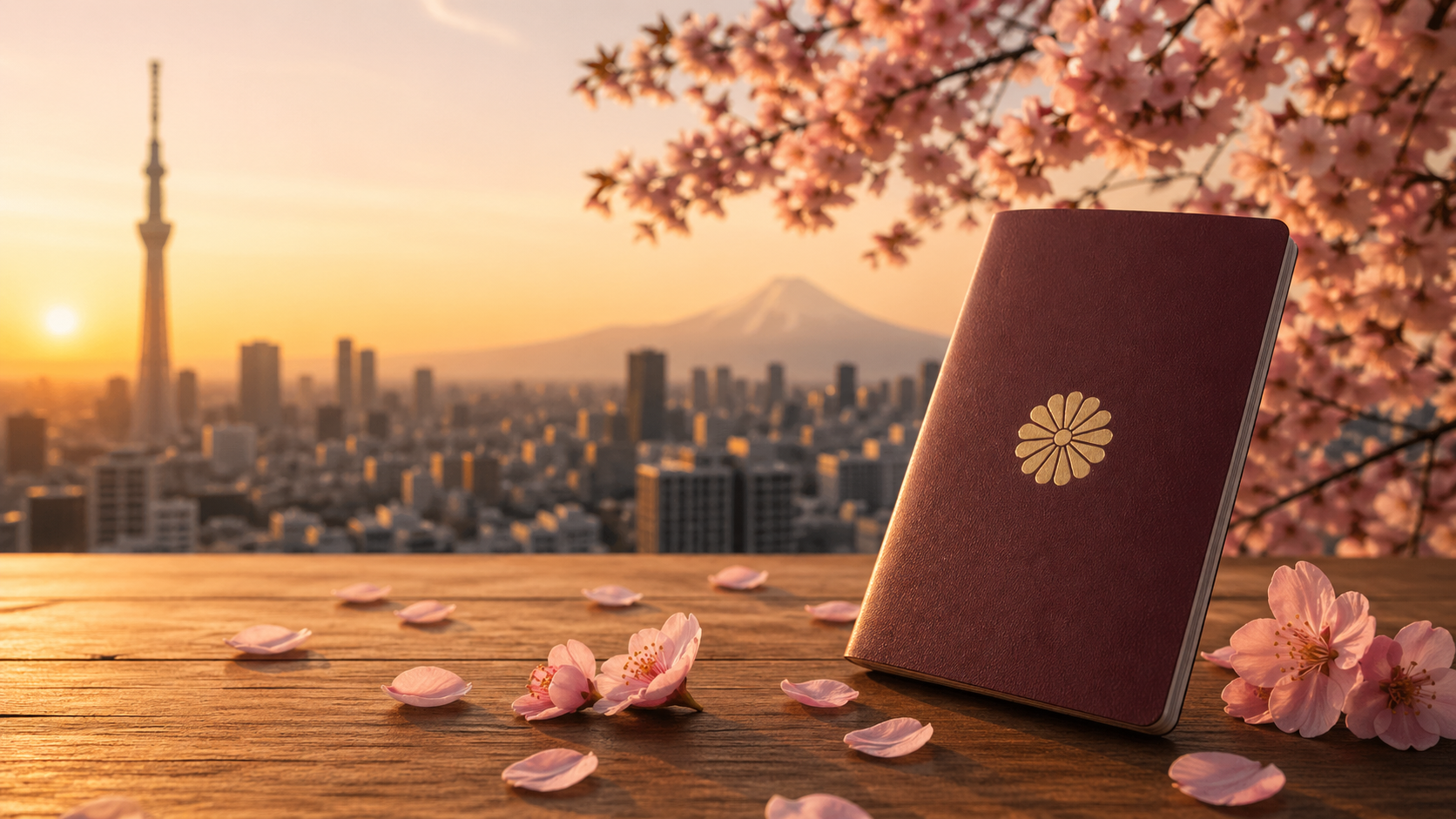Japanese passport with cherry blossoms and Tokyo skyline at golden hour