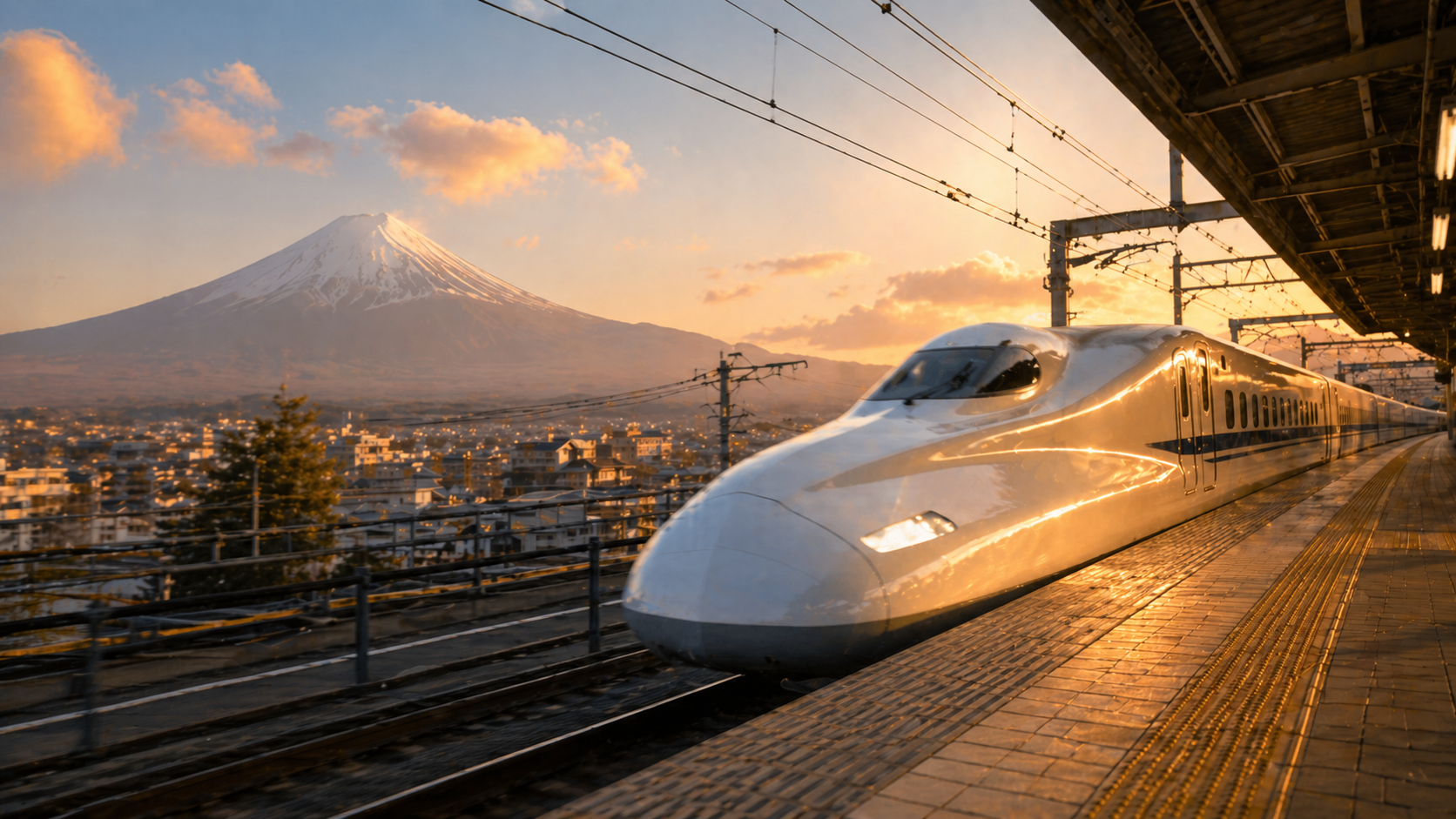 Trem-bala Shinkansen entrando em uma estação japonesa com o Monte Fuji ao fundo na hora dourada
