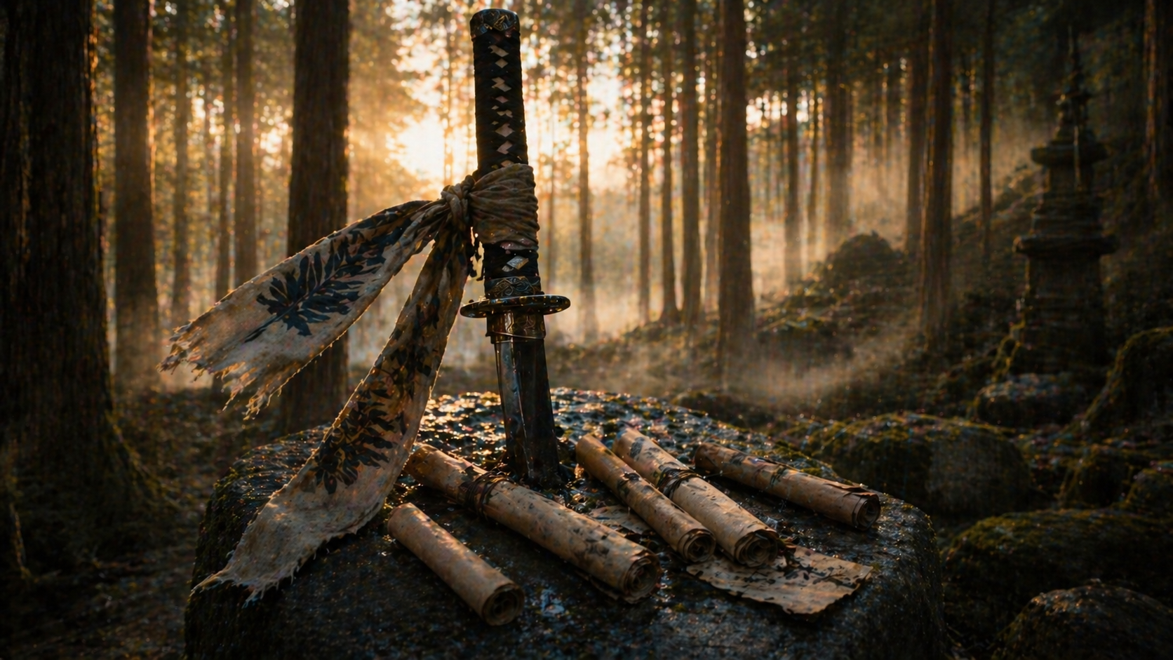 Headband cloth tied around a sword hilt in a misty Japanese forest at dawn with scattered scrolls