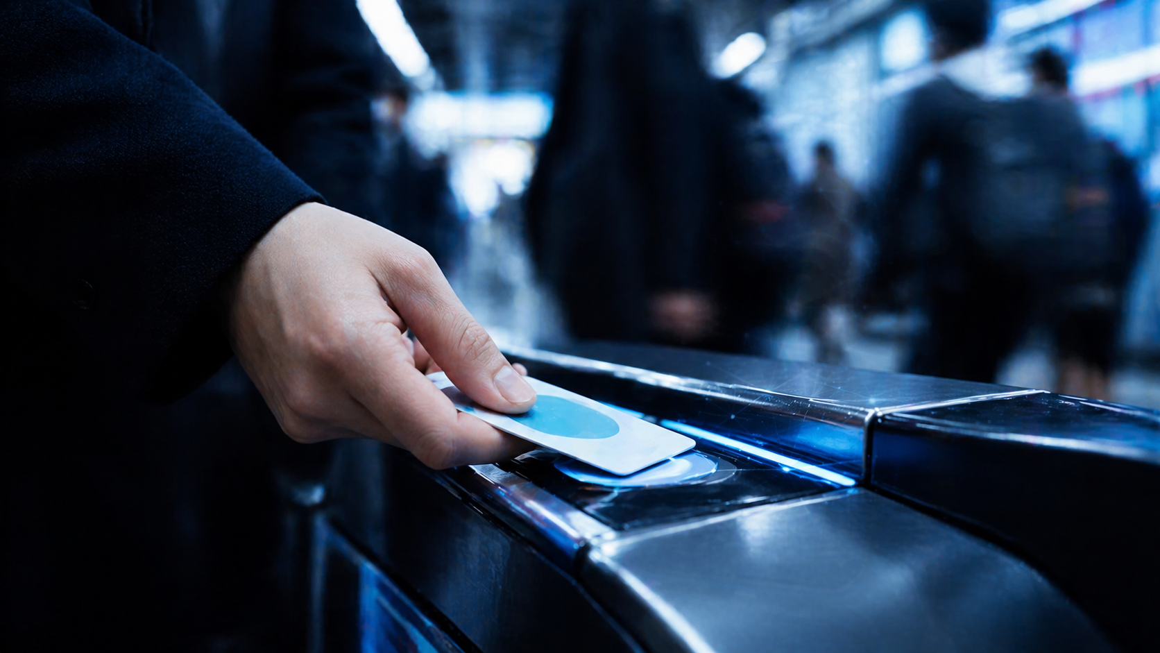 Close-up of a hand tapping an IC card on a Tokyo subway turnstile with blue ambient lighting